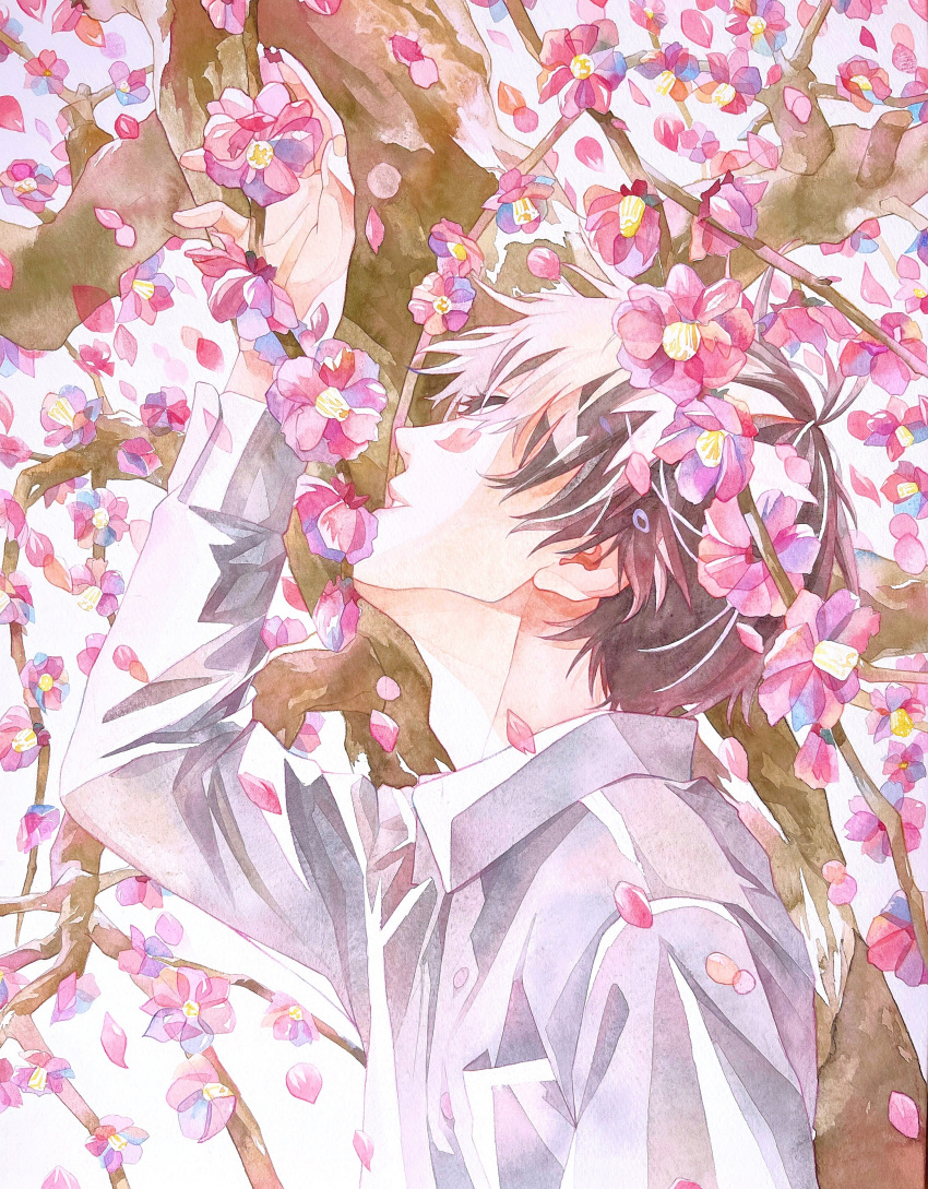 1boy, absurdres, acf_creator, arm_up, bad_link, brown_hair, closed_eyes, collared_shirt