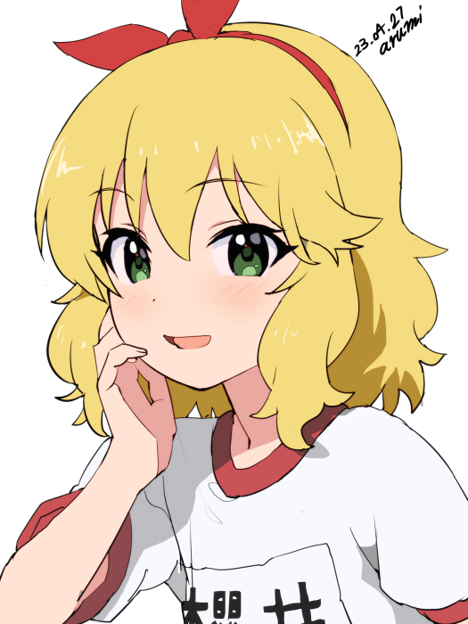 baba_arumi, blonde_hair, commentary, dated, dot_nose, green_eyes, hair_between_eyes, hair_ribbon