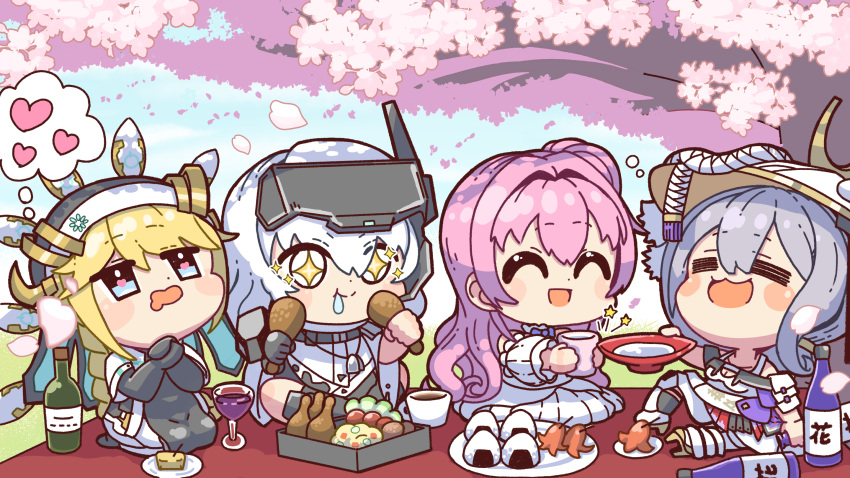 +_+, 4girls, :3, =_=, ^_^, alcohol, armor, armored_bodysuit, armored_boots, bare_shoulders, black_robe, blonde_hair, blue_eyes, blush_stickers, bodysuit, boots, braid, breasts, cherry_blossoms, chibi, chicken_(food), cloak, closed_eyes, closed_mouth, commentary_request, cup, day, detached_sleeves, dorothy_(nikke), dress, drooling, drunk, falling_petals, food, food_art, frilled_dress, frills, full_body, gloves, goddess_of_victory:_nikke, grey_hair, habit, hair_between_eyes, hair_bun, hat, head-mounted_display, heart, highres, holding, holding_cup, holding_food, japanese_armor, jingasa, kote, large_hat, leotard, long_braid, long_hair, looking_up, mechanical_arms, mechanical_wings, mouth_drool, multiple_girls, nun, onigiri, open_mouth, petals, pink_hair, q_l_p_hatodokei, rapunzel_(nikke), robe, sakazuki, sake, saliva, scarlet_(nikke), seiza, shadow, shoulder_armor, sidelocks, single_mechanical_arm, sitting, smile, snow_white_(nikke), sode, sparkle, tako-san_wiener, tea, tree, very_long_hair, white_bodysuit, white_cloak, white_dress, white_hair, white_leotard, wine, wings, wrist_guards, yellow_eyes