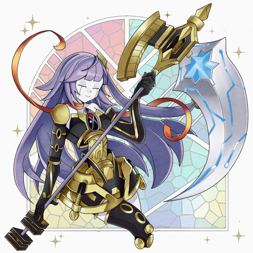 1girl, android, closed_eyes, colored_skin, cropped_legs, duel_monster, galatea_the_orcust_automaton, gloves, holding, holding_scythe, ib_(yu-gi-oh!), kaiserliew99, long_hair, purple_hair, scythe, single_bare_shoulder, single_thighhigh, skirt, solo, stained_glass, thigh-highs, white_skin, yu-gi-oh!