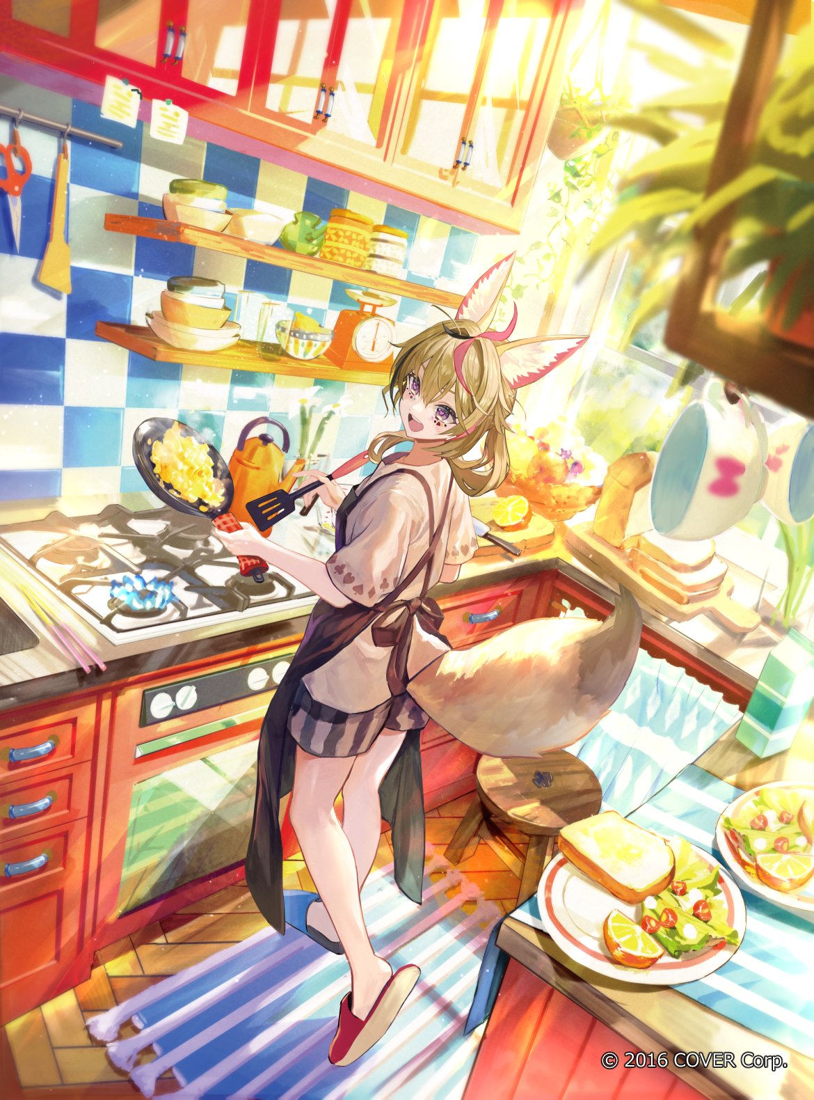 1girl, ahoge, alternate_costume, animal_ear_fluff, animal_ears, apron, asymmetrical_footwear, bare_legs