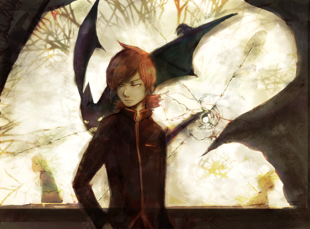 1boy, crobat, glass, male, pokemon, pokemon_(creature), pokemon_(game), pokemon_gsc