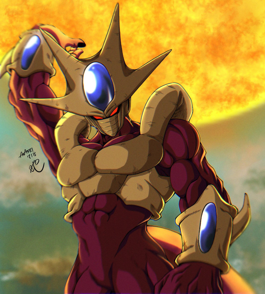 1boy, abs, arm_up, armor, artist_name, bare_shoulders, biceps, blue_gemstone