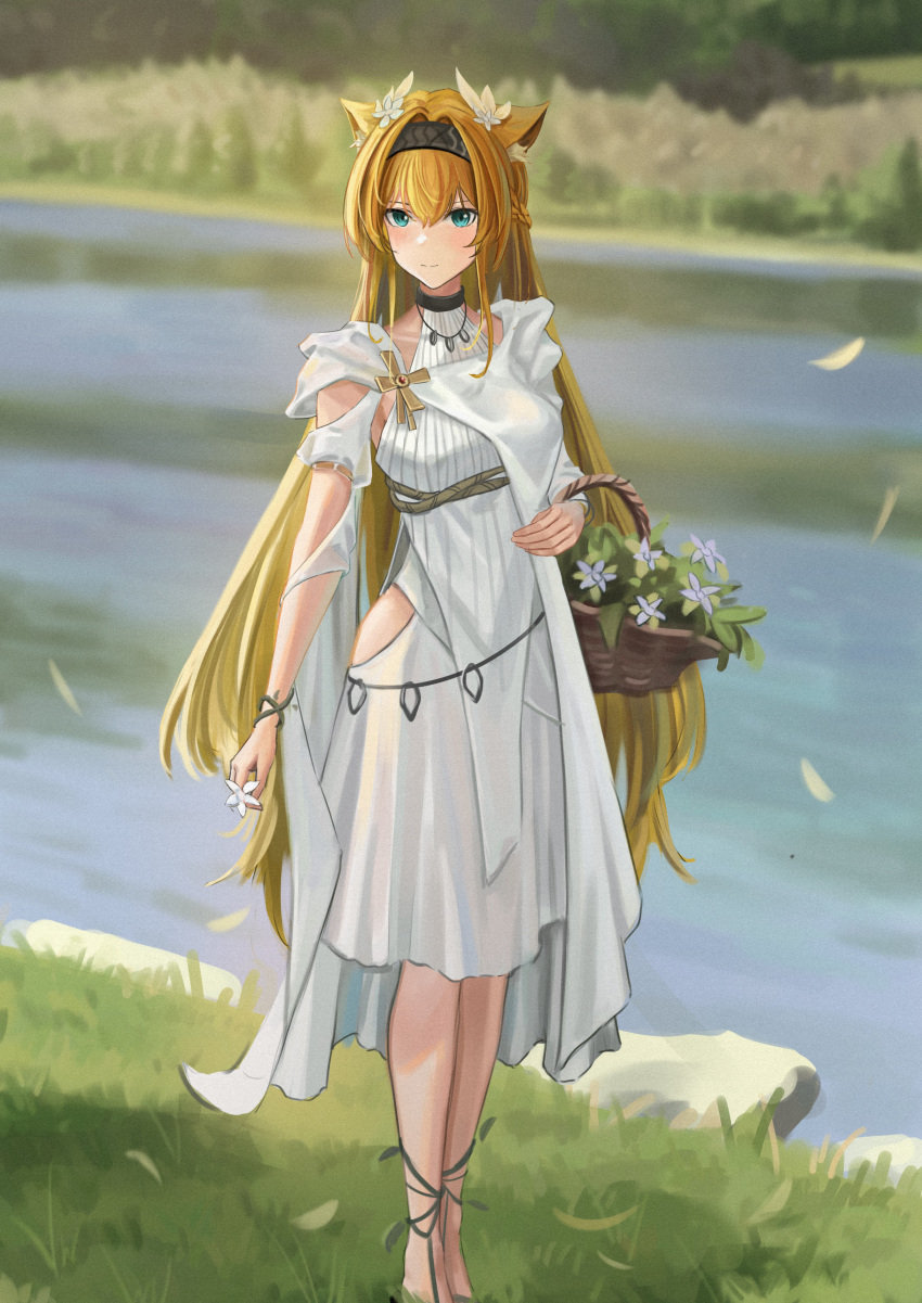 1girl, absurdres, animal_ears, arknights, basket, blonde_hair, dress, gaai, grass, green_eyes, hair_ornament, headband, highres, horn_(arknights), long_hair, river, solo, water, white_dress