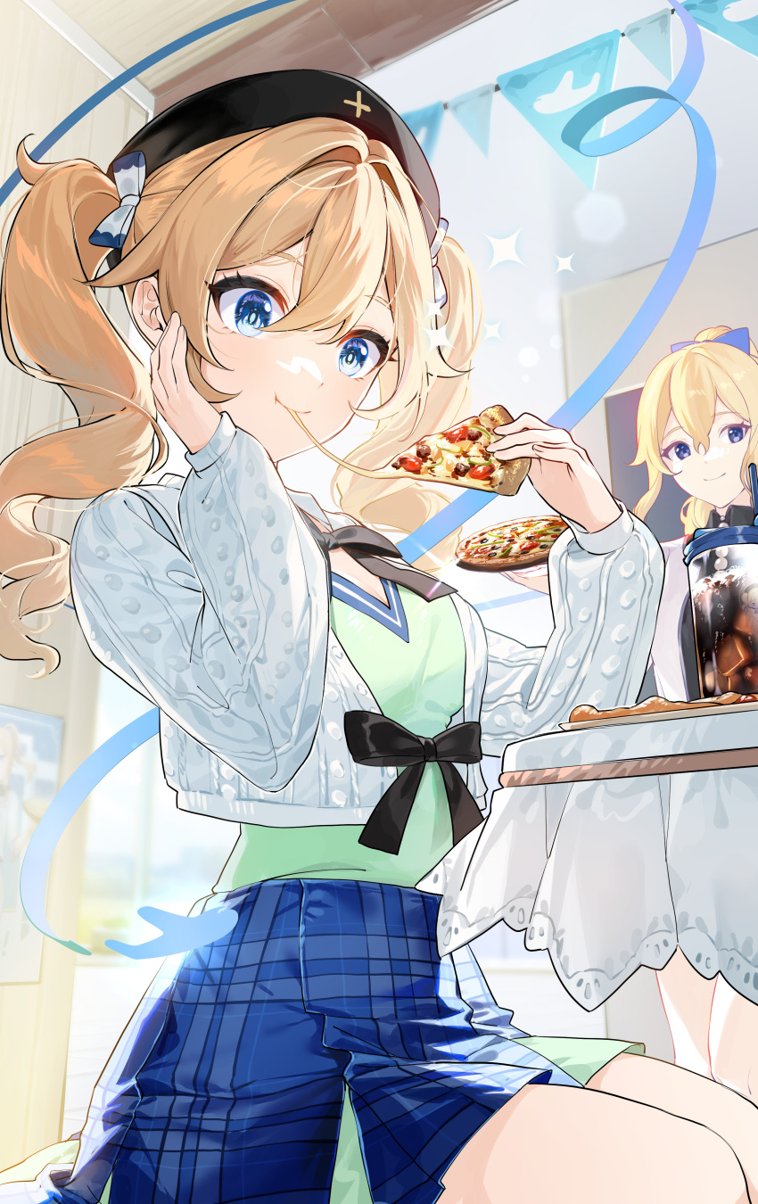 2girls, absurdres, alternate_costume, barbara_(genshin_impact), black_headwear, blonde_hair, blue_eyes, blue_skirt