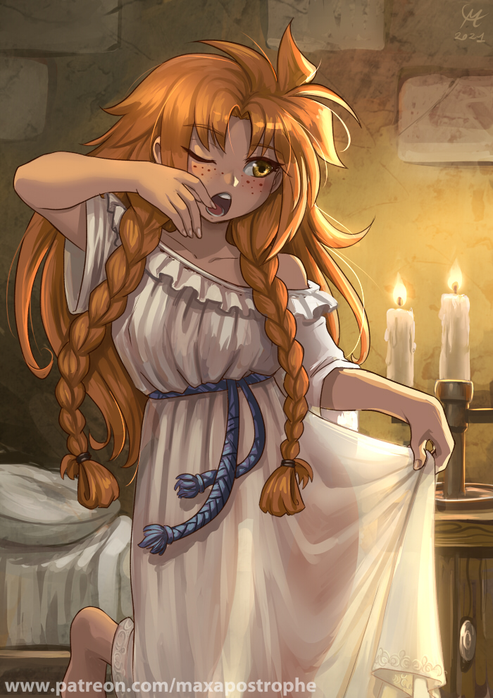 2021, bare_shoulders, barefoot, bed, blue_rope, braid, braided_bangs, candle