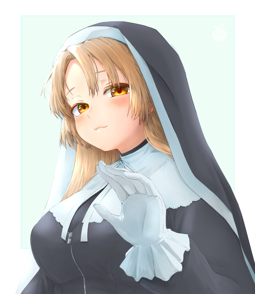 1girl, blonde_hair, brown_eyes, colored_eyelashes, festa11307070, gloves, habit, highres