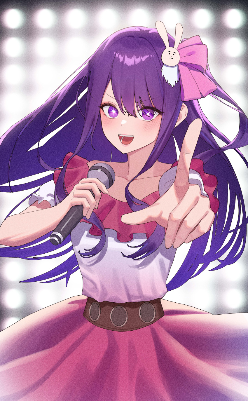 1girl, absurdres, collarbone, commentary, damcheong, dress, frilled_dress, frills, hair_ornament, highres, hoshino_ai_(oshi_no_ko), idol, long_hair, microphone, open_mouth, oshi_no_ko, pink_dress, pointing, purple_hair, rabbit_hair_ornament, solo, star-shaped_pupils, star_(symbol), symbol-shaped_pupils, teeth, violet_eyes