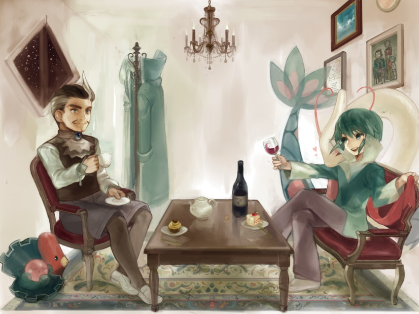 2boys, adan_(pokemon), blue_hair, cake, chandelier, clamperl, coat_rack, cup