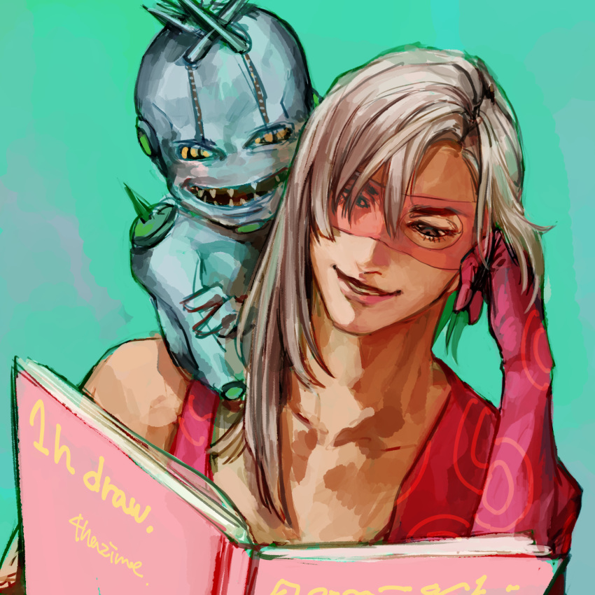 1boy, :d, baby_face_(stand), blonde_hair, book, gloves, green_background, grin