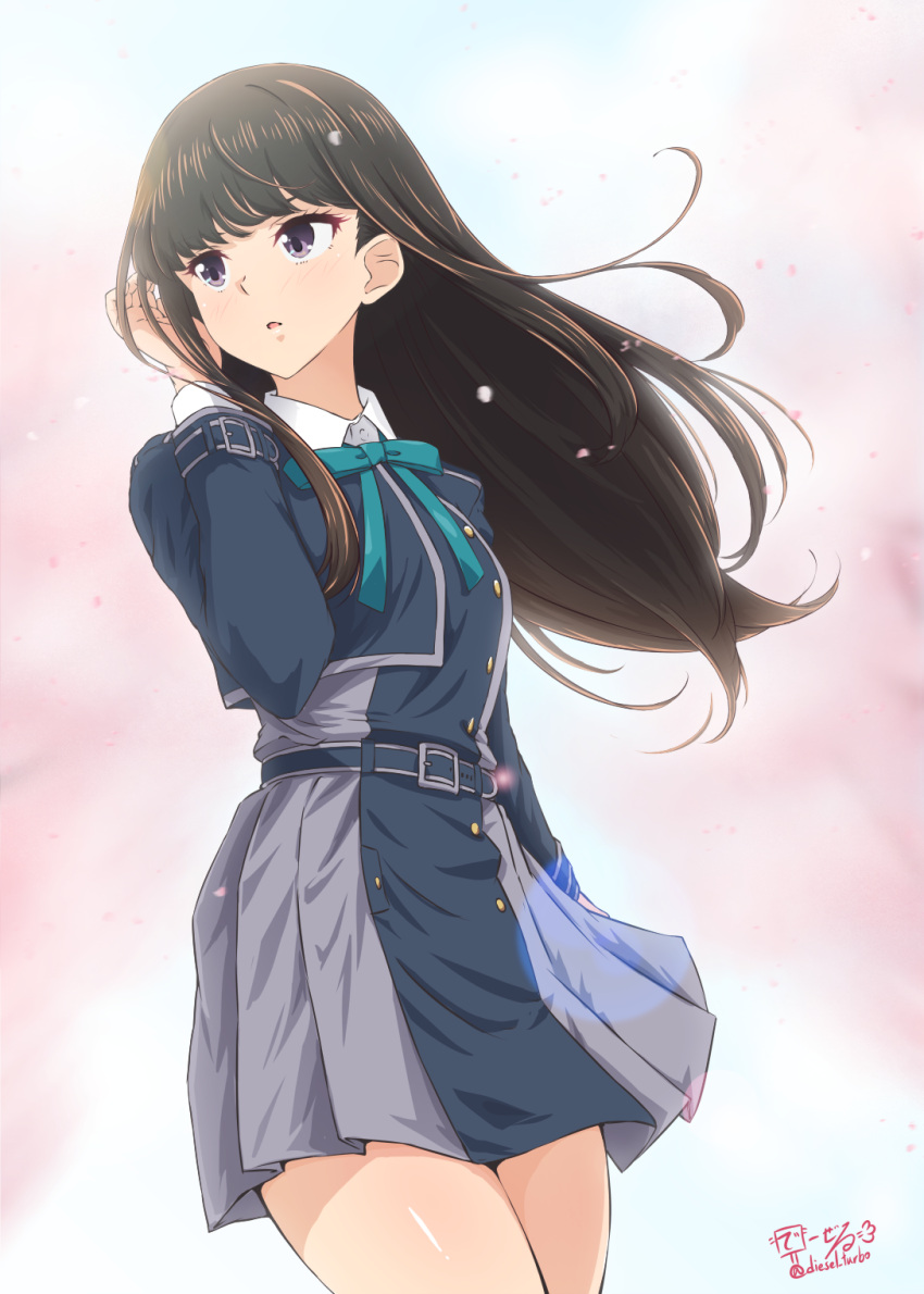 1girl, belt, black_hair, blue_belt, blue_dress, collared_shirt, commentary_request, cowboy_shot
