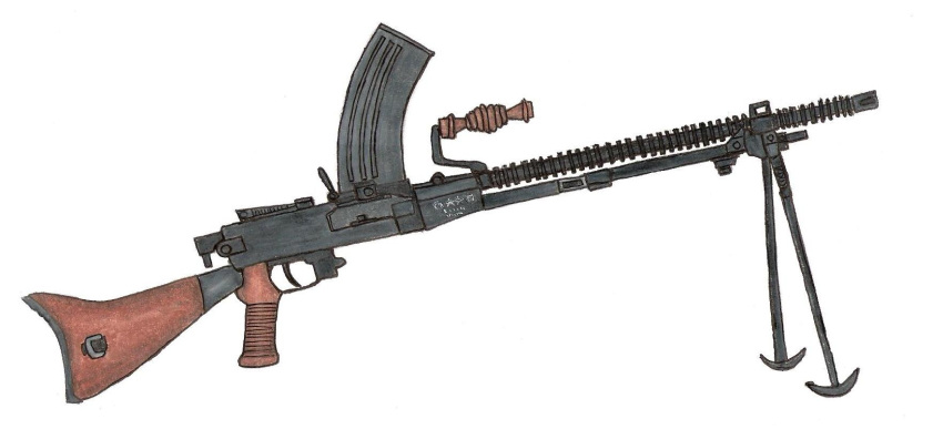 bipod, colored_pencil_(medium), commentary, english_commentary, gun, handle, highres, light_machine_gun