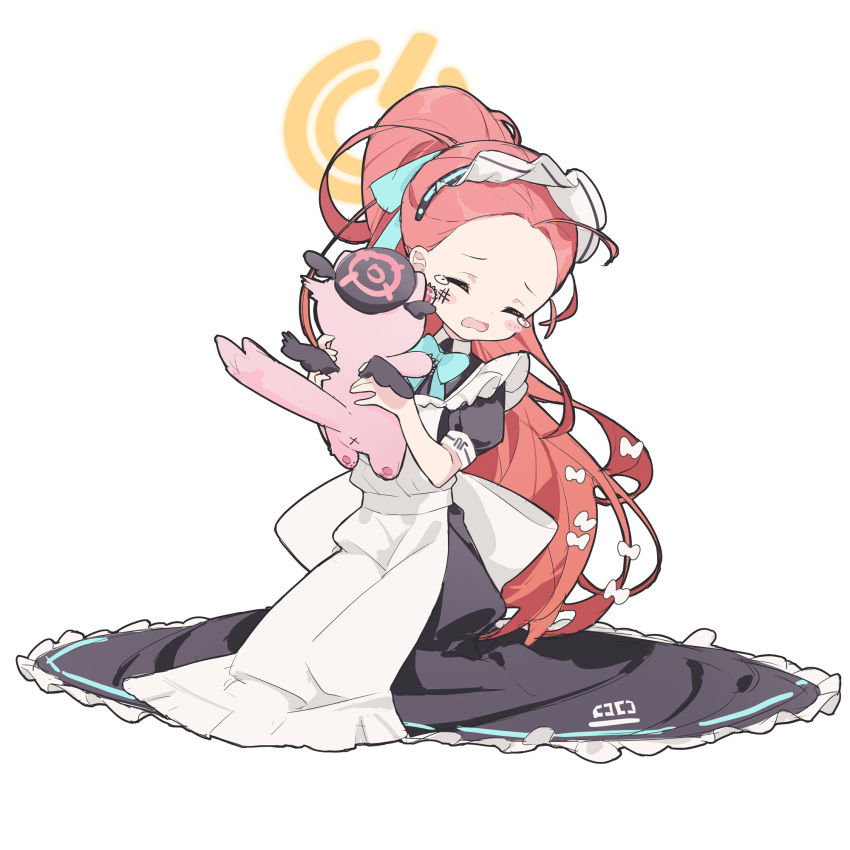 1girl, aiee, apron, aqua_bow, aqua_bowtie, aqua_ribbon, blue_archive, blush_stickers