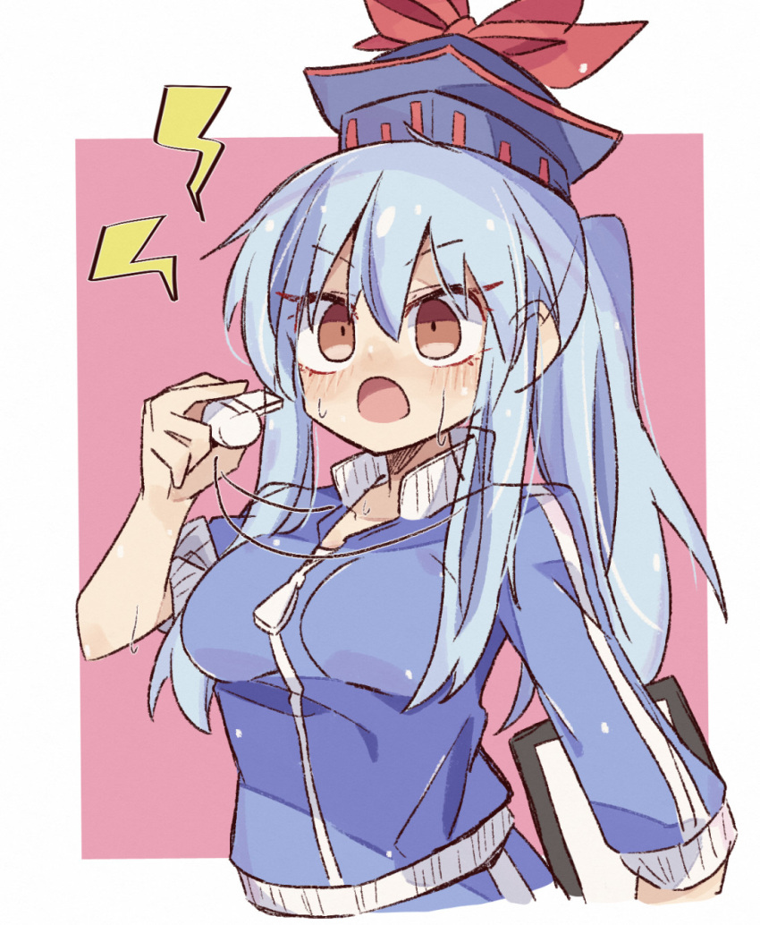 1girl, alternate_costume, alternate_hairstyle, blue_hair, blue_headwear, blue_jacket, brown_eyes, commentary_request