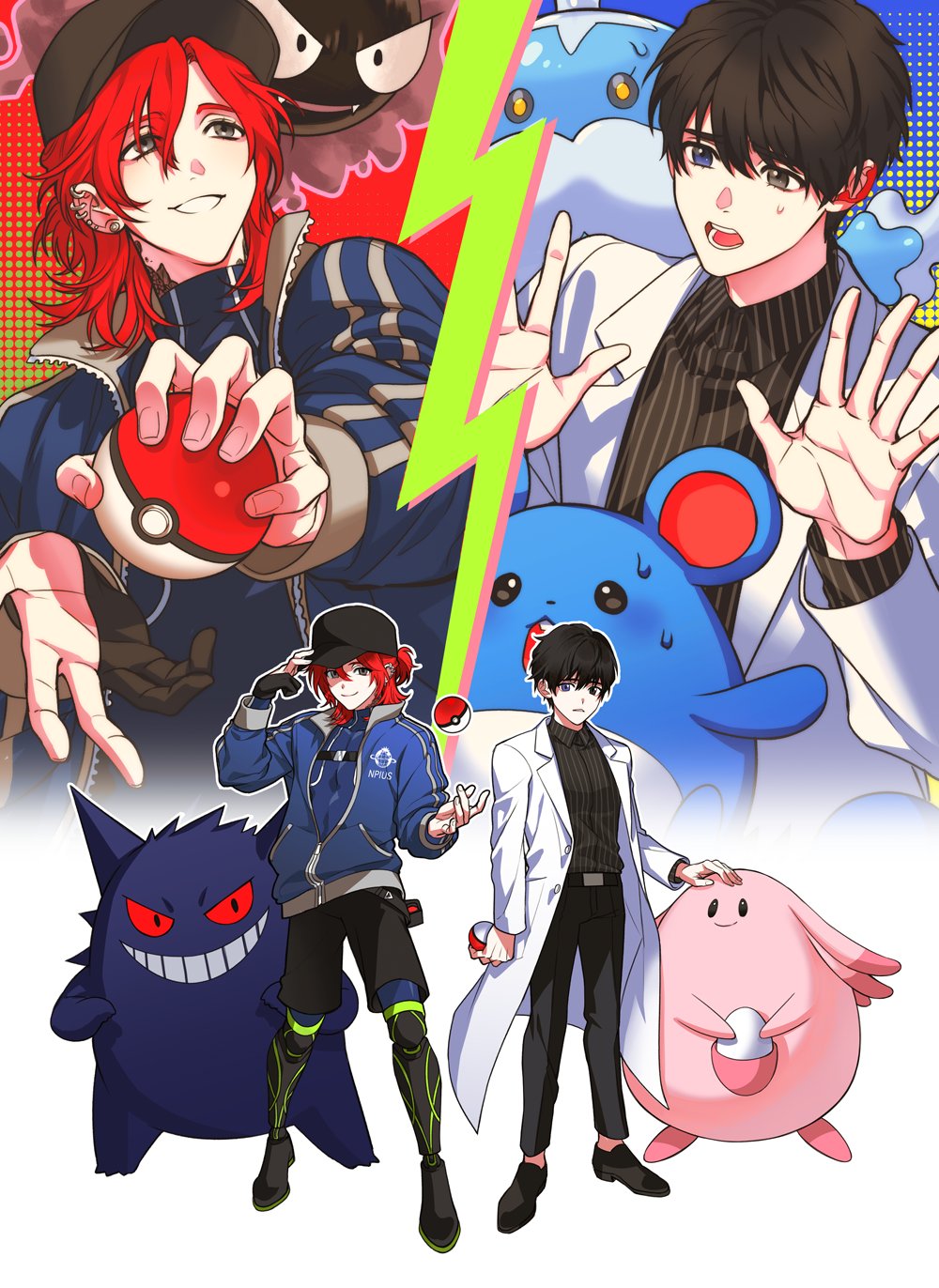 2boys, baseball_cap, black_footwear, black_headwear, black_pants, black_shirt, black_shorts, blue_eyes, blue_jacket, chansey, collared_shirt, commentary_request, crossover, ear_piercing, earrings, eoduun_badaui_deungbul-i_doeeo, full_body, gastly, gengar, grey_eyes, hand_on_another's_head, hands_up, hat, heterochromia, highres, holding, holding_poke_ball, jacket, jellicent, jellicent_(male), jewelry, kim_jaehee, korean_commentary, lab_coat, long_hair, long_sleeves, male_focus, marill, multiple_boys, open_mouth, padakpadak_88, pants, park_moo-hyun, piercing, poke_ball, poke_ball_(basic), pokemon, pokemon_(creature), prosthesis, prosthetic_fingers, prosthetic_leg, redhead, shirt, shoes, short_hair, shorts, smile, standing, striped, striped_shirt, vertical-striped_shirt, vertical_stripes