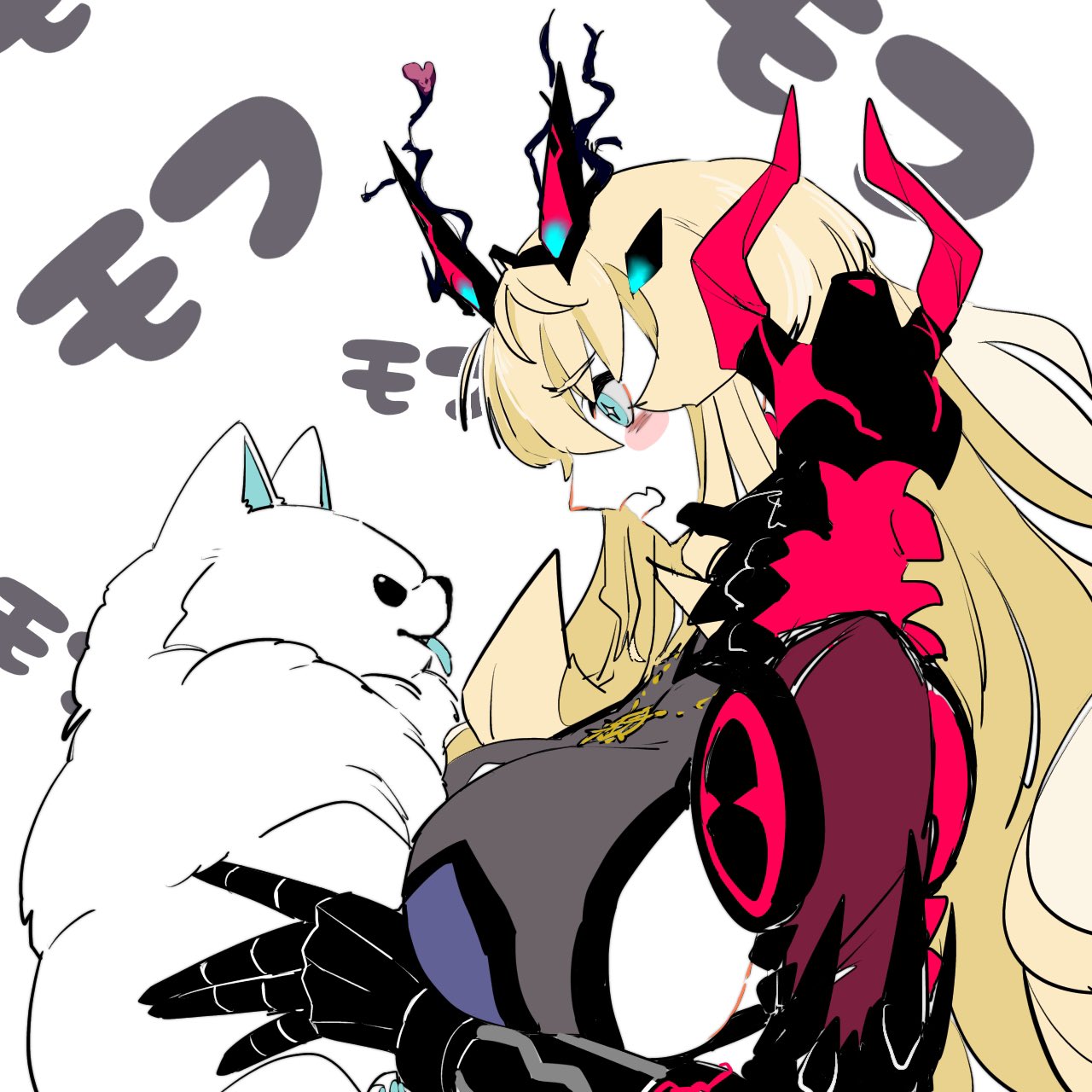 1girl, animal, armor, blonde_hair, blue_eyes, blush_stickers, breasts, dog, fairy_knight_gawain_(fate), fate/grand_order, fate_(series), gauntlets, highres, holding, holding_animal, holding_dog, jewelry, large_breasts, long_hair, pauldrons, pendant, ramu_takka, shoulder_armor, sparkling_eyes