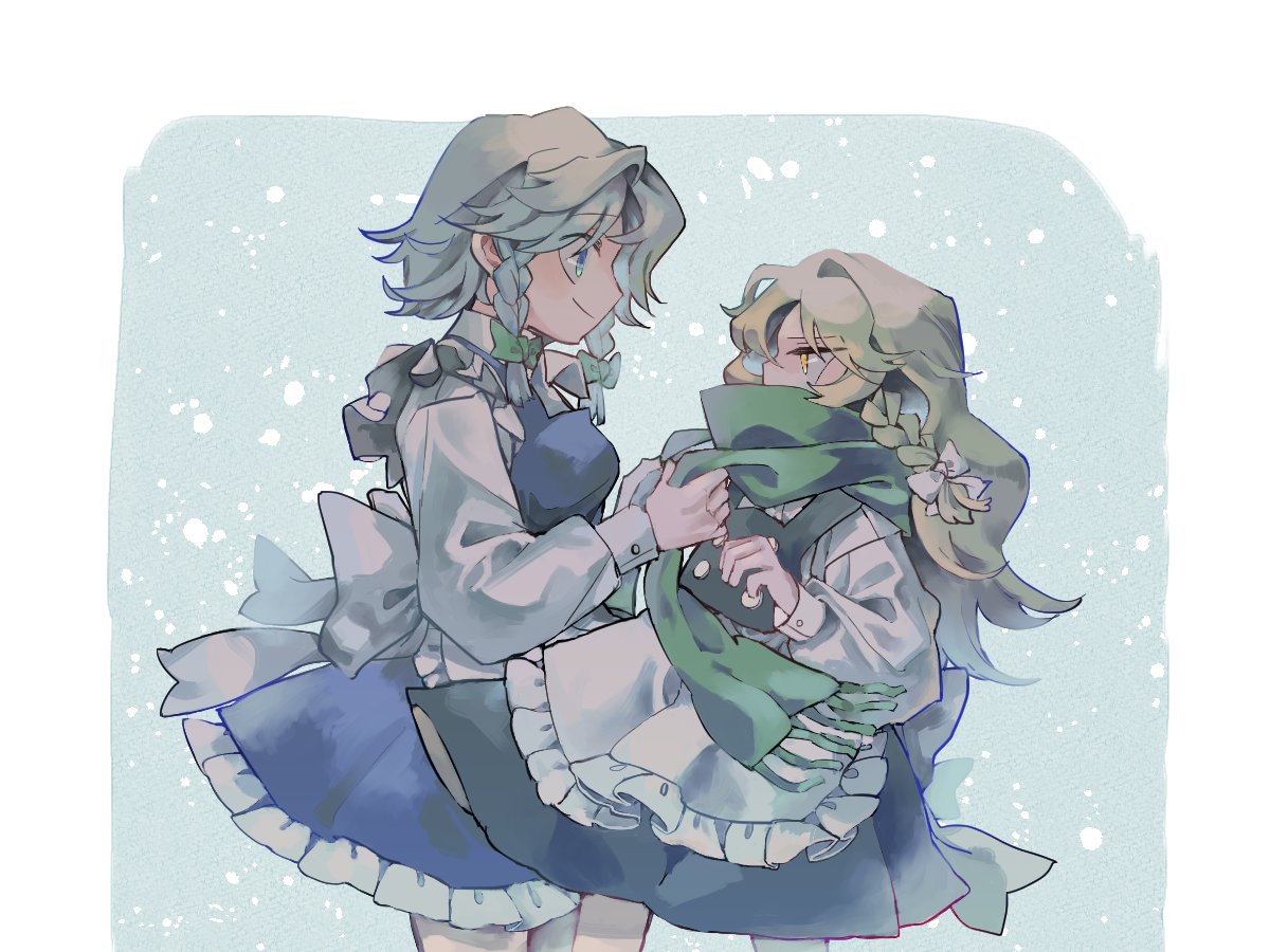 2girls, adjusting_another's_clothes, apron, black_dress, blonde_hair, blue_dress, blue_eyes, border