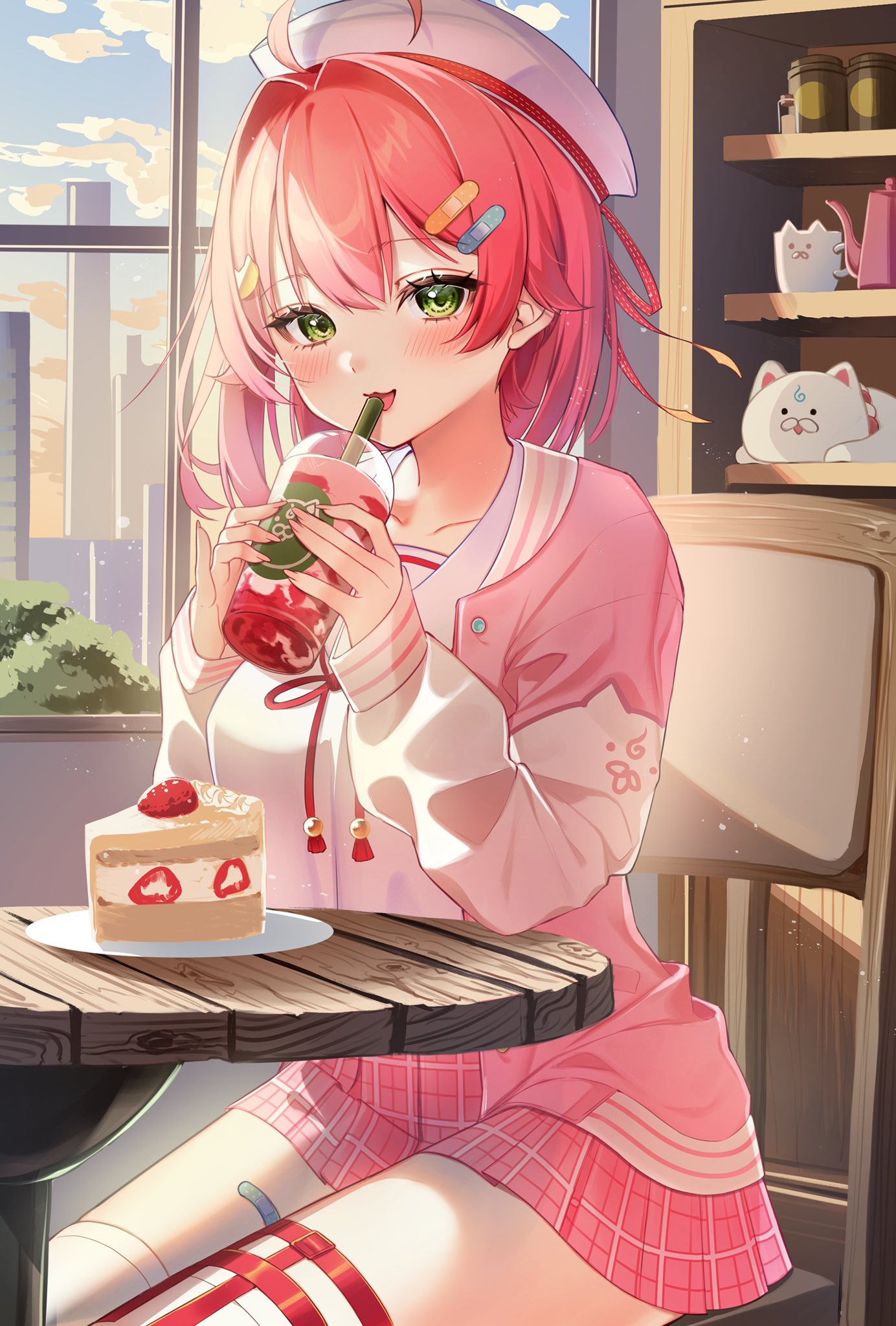 1girl, ahoge, bandaid, bandaid_hair_ornament, bandaid_on_leg, beret, blush, cake, cat_hair_ornament, drink, drinking_straw, food, green_eyes, hair_intakes, hair_ornament, hat, highres, holding, holding_drink, hololive, jacket, looking_at_viewer, medium_hair, neck_ribbon, pink_hair, pink_jacket, pink_skirt, plaid, plaid_skirt, pleated_skirt, ribbon, sailor_collar, sakura_miko, sakura_miko_(6th_costume), sanuki_you, sitting, skirt, solo, thigh-highs, thigh_strap, upper_body, white_headwear, white_thighhighs