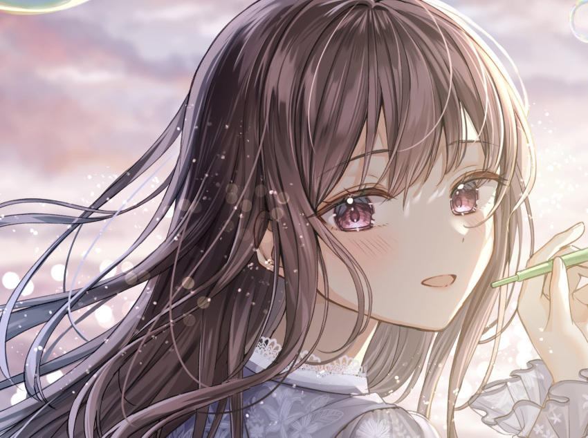 1girl, blurry, blush, bokeh, brown_hair, bubble, bubble_blowing, close-up