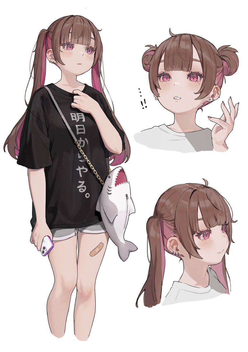 !, !!, 1girl, animal_bag, bandaid, bandaid_on_leg, bare_legs, black_shirt