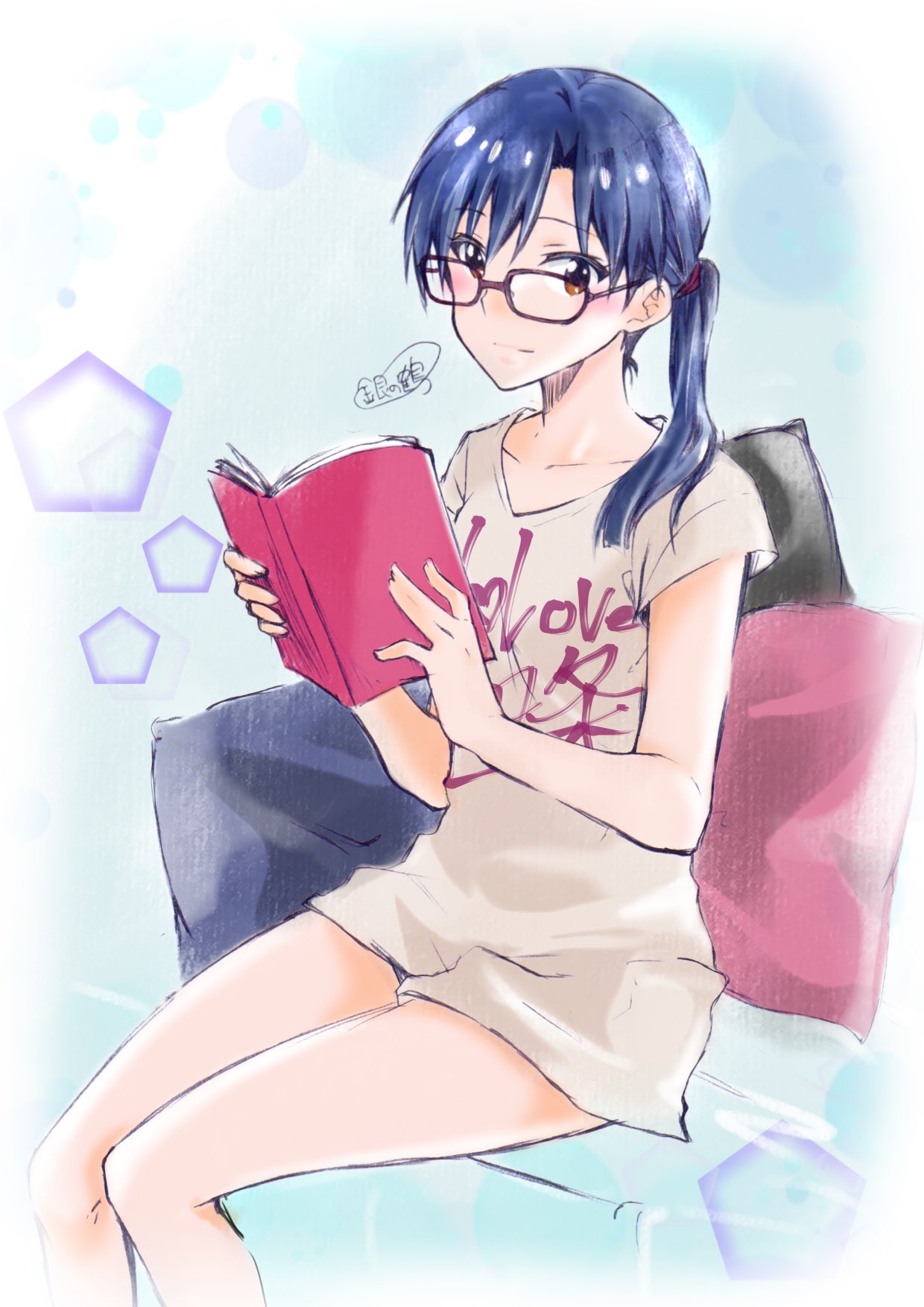 1girl, blue_eyes, blush, book, brown_eyes, collarbone, ginnoturu, glasses
