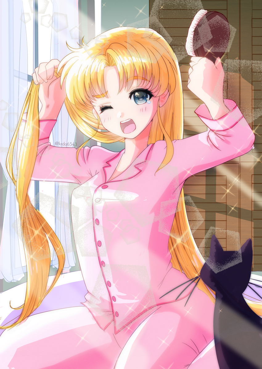 absurdres, bishoujo_senshi_sailor_moon, blonde_hair, blue_eyes, brushing_hair, cat, double_bun, hair_bun