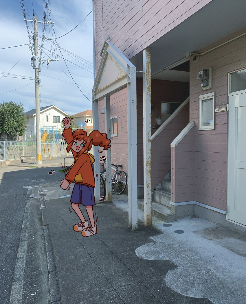 1girl, aqua_eyes, bicycle, blush, building, dancing, day, fence, full_body, ground_vehicle, highres, hood, hoodie, house, idolmaster, idolmaster_(classic), looking_at_viewer, medium_hair, musical_note, neko_atsu_(ne5a2), open_mouth, orange_hair, orange_hoodie, outdoors, photo_background, power_lines, shoes, skirt, sky, smile, sneakers, solo, takatsuki_yayoi, twintails, utility_pole