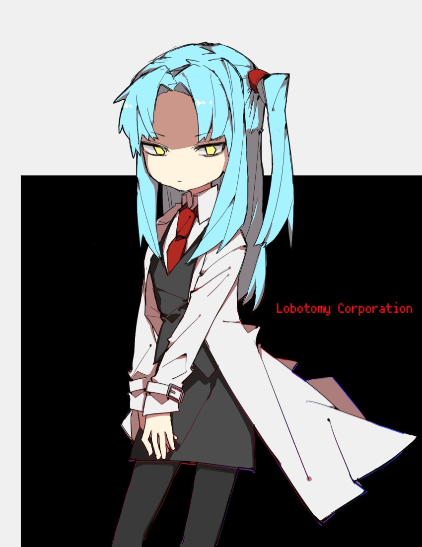1girl, angela_(project_moon), black_pantyhose, black_skirt, black_vest, blue_hair, closed_mouth, collared_shirt