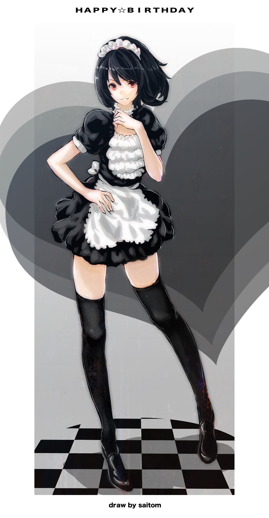 black_hair, black_legwear, black_thighhighs, checkered, frills, grin, hand_on_hip, happy_birthday