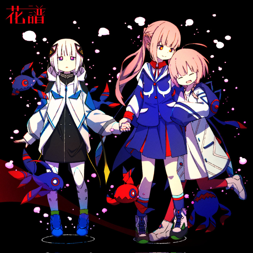 3girls, ahoge, air_bubble, black_background, black_dress, black_footwear, blue_eyes, blue_footwear