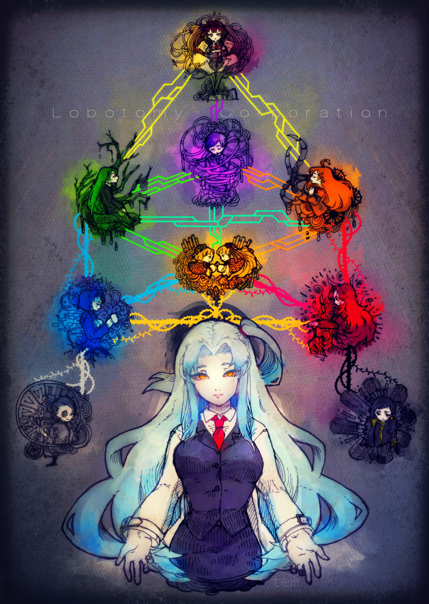 5boys, 6+girls, absurdres, ahoge, angela_(project_moon), ascot, binah_(project_moon), black_hair