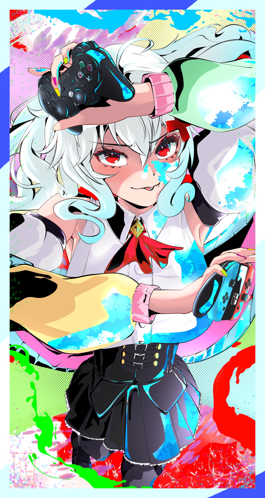 1girl, absurdres, ahoge, colorful, controller, erispheria, from_above, game_console, game_controller, highres, holding, holding_controller, holding_game_controller, looking_at_viewer, messy_hair, nintendo_switch, nousaagi, playstation_3, polka_dot, polka_dot_background, red_eyes, skirt, standing, sweater, white_hair