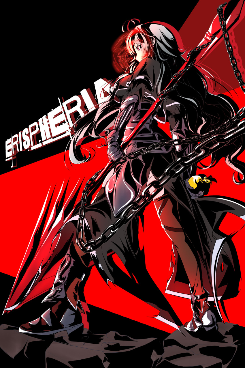 1girl, absurdres, angry, armor, chain, erispheria, fate_(series), fighting_stance, food, fruit, highres, holding, holding_food, holding_fruit, holding_polearm, holding_weapon, lance, looking_back, messy_hair, persona, persona_5, pointy_footwear, polearm, red_eyes, shadow, thigh-highs, virtual_youtuber, weapon, white_hair