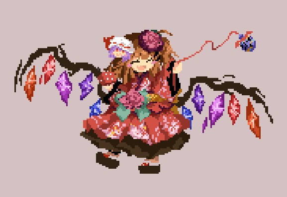 1girl, alternate_costume, blonde_hair, blush_stickers, closed_eyes, crystal, fang, flandre_scarlet, flower, full_body, ling_os87, multicolored_wings, open_mouth, pink_flower, pixel_art, sandals, shirt, simple_background, skin_fang, skirt, socks, solo, touhou, white_socks, wings