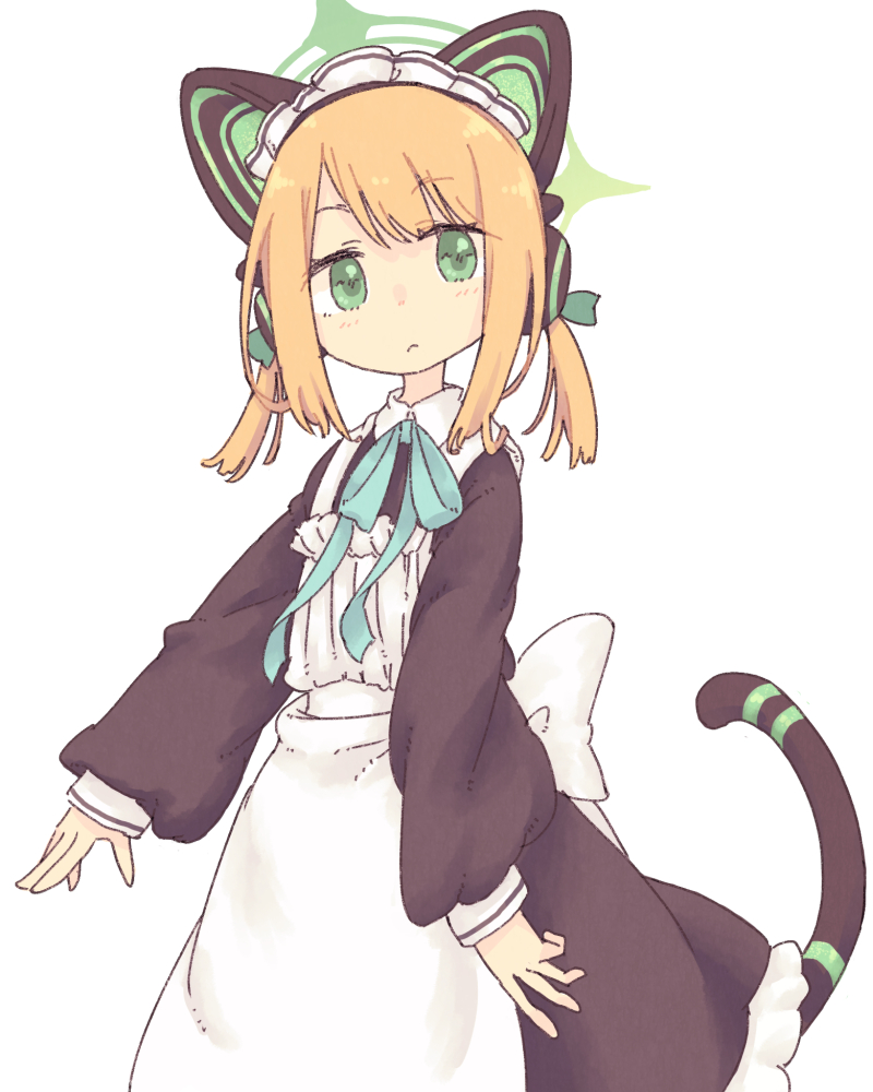 1girl, :<, akichi_33, apron, aqua_bow, aqua_bowtie, black_dress, blue_archive