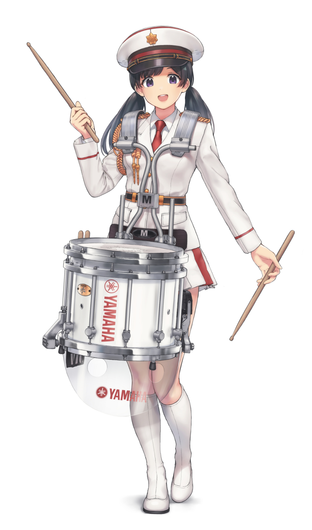 1girl, aiguillette, belt, black_hair, boots, breasts, collared_shirt, drum