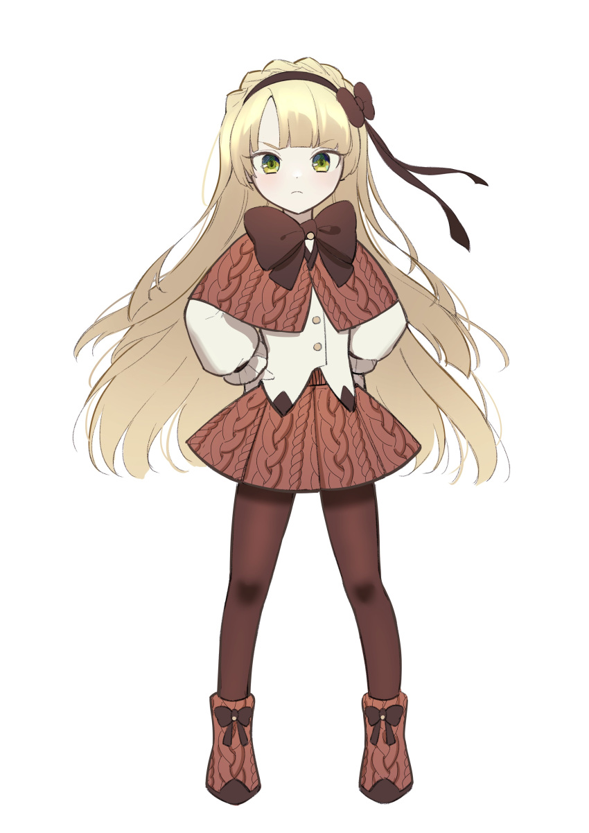 1girl, absurdres, blonde_hair, boots, brown_capelet, brown_footwear, brown_hairband, brown_pantyhose, brown_ribbon, brown_skirt, buttons, cable_knit, capelet, closed_mouth, commentary_request, frown, full_body, green_eyes, hair_ribbon, hairband, hands_on_own_hips, highres, korean_commentary, lobotomy_corporation, long_hair, long_sleeves, looking_at_viewer, neck_ribbon, pantyhose, ppanglatte, project_moon, ribbon, shirt, simple_background, skirt, solo, tiphereth_a_(project_moon), white_background, white_shirt
