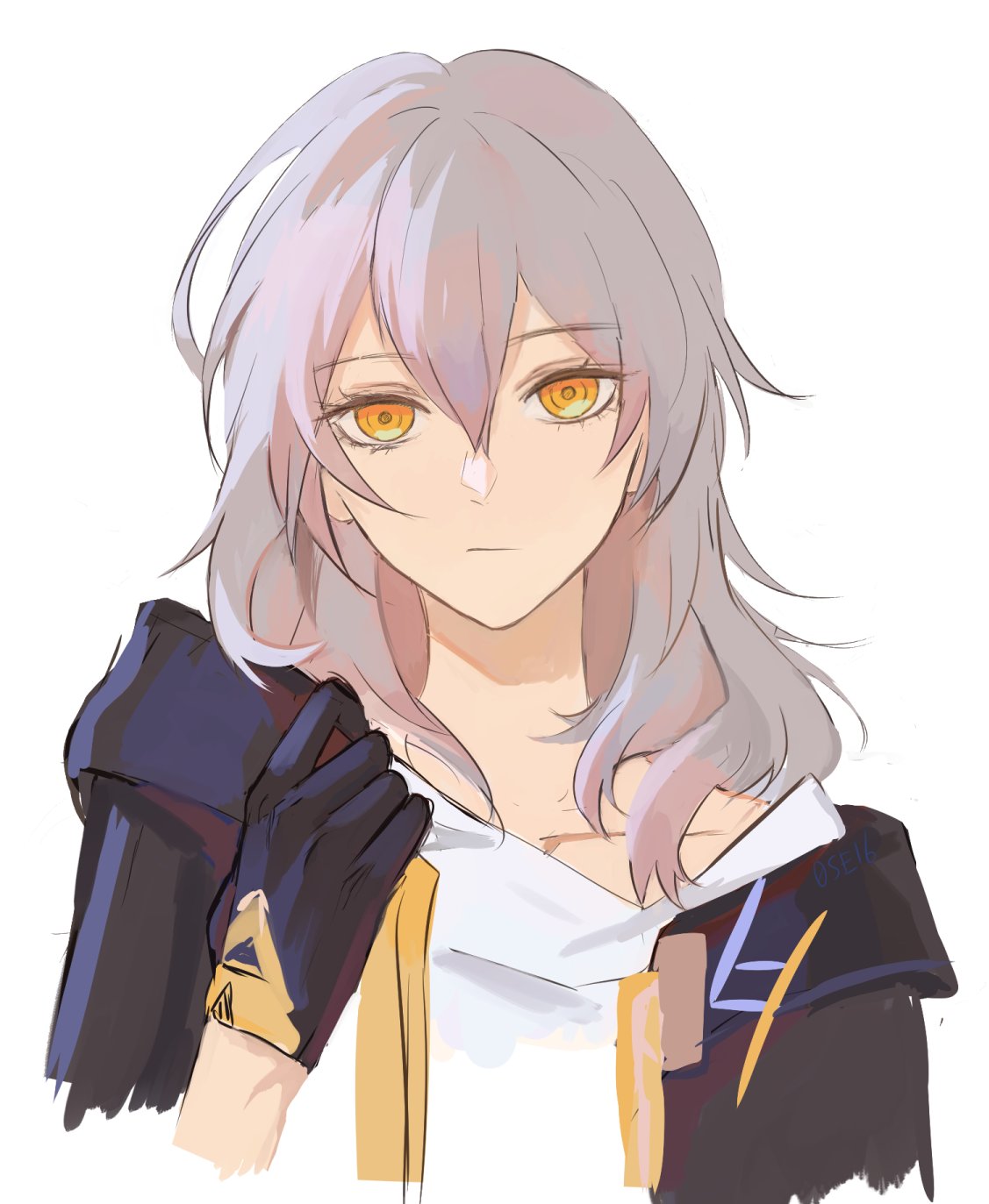 0sei6, 1girl, black_gloves, black_jacket, closed_mouth, expressionless, female_trailblazer_(honkai:_star_rail), gloves, grey_hair, hair_between_eyes, highres, honkai:_star_rail, honkai_(series), jacket, long_hair, looking_at_viewer, medium_hair, shirt, simple_background, solo, trailblazer_(honkai:_star_rail), white_background, white_shirt, yellow_eyes
