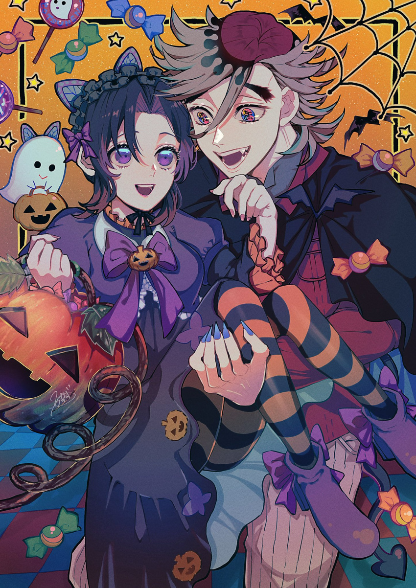1boy, 1girl, :d, bat_(animal), black_cape, bow, bowtie, candy