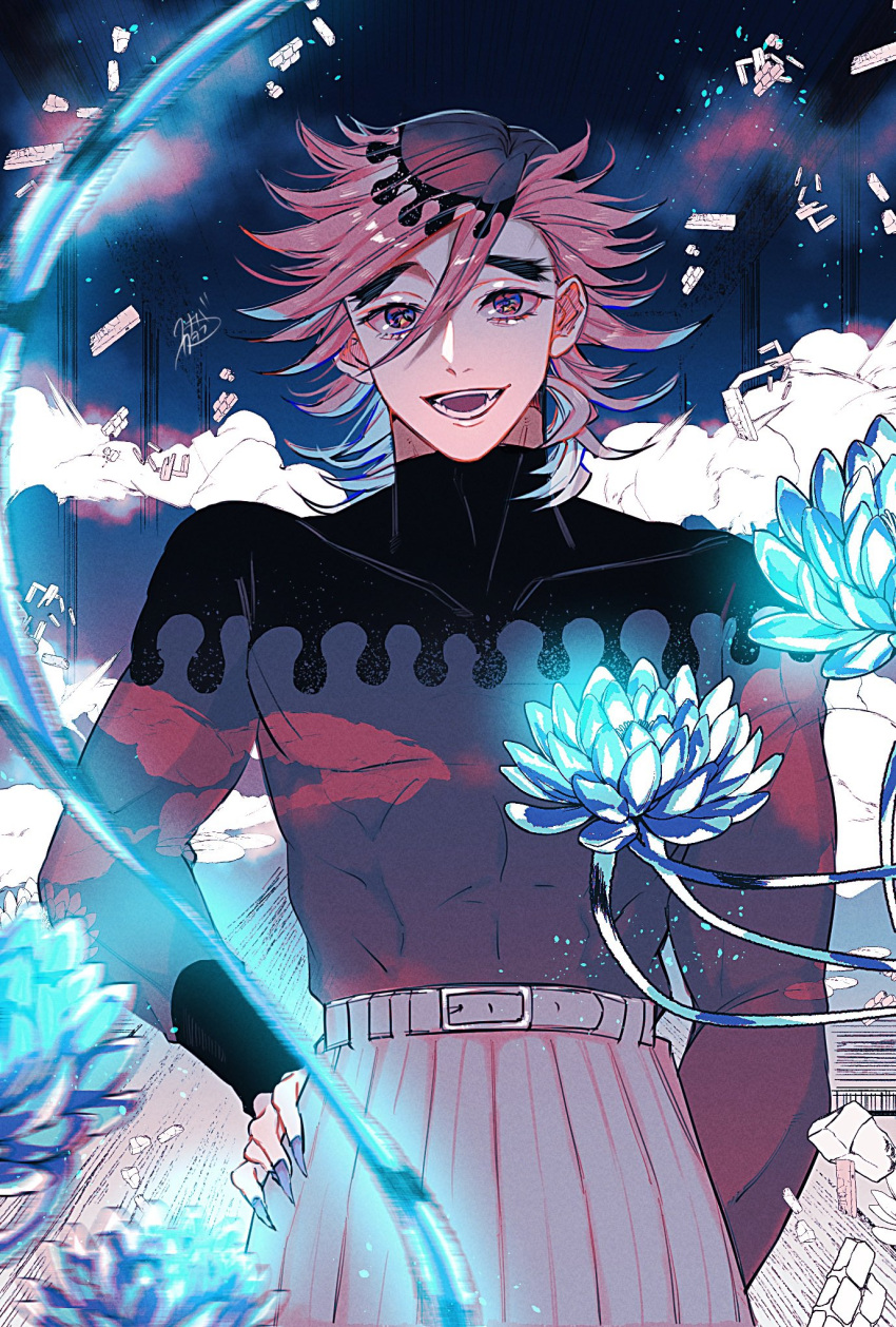 1boy, :d, abs, belt, black_hair, blonde_hair, dark_background, demon