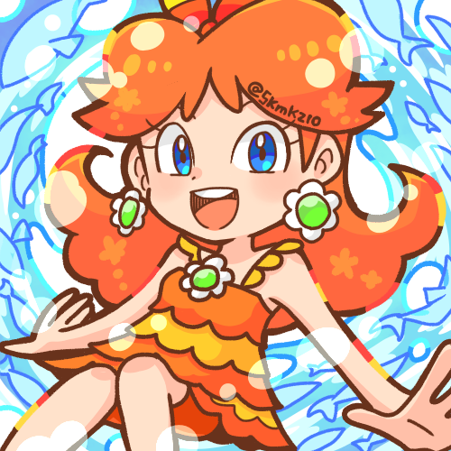 1girl, blue_background, blue_eyes, brown_hair, fish, long_hair, looking_at_viewer, lowres, open_mouth, princess_daisy, red_ribbon, ribbon, skmkz10, smile, solo, super_mario_bros., swimsuit
