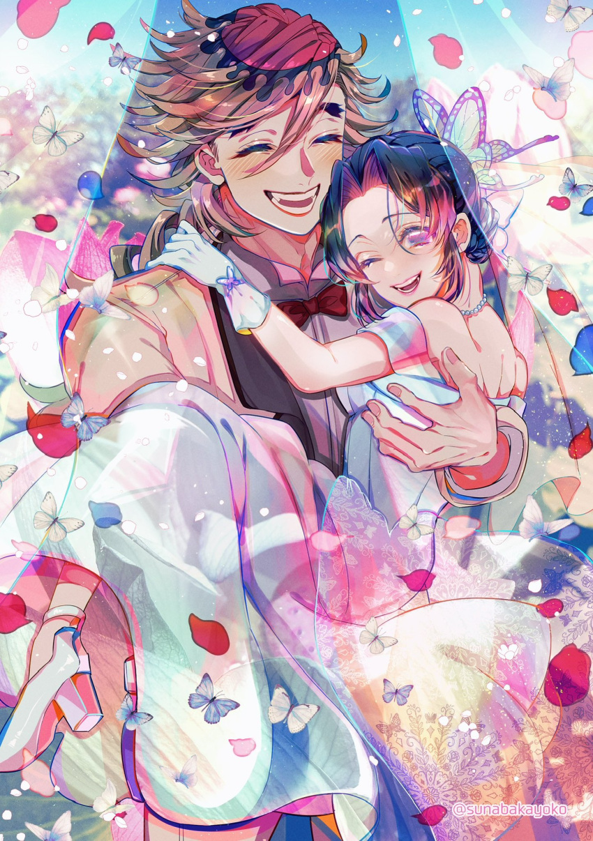 1boy, 1girl, :d, ^_^, animal_print, black_hair, blue_sky, blurry