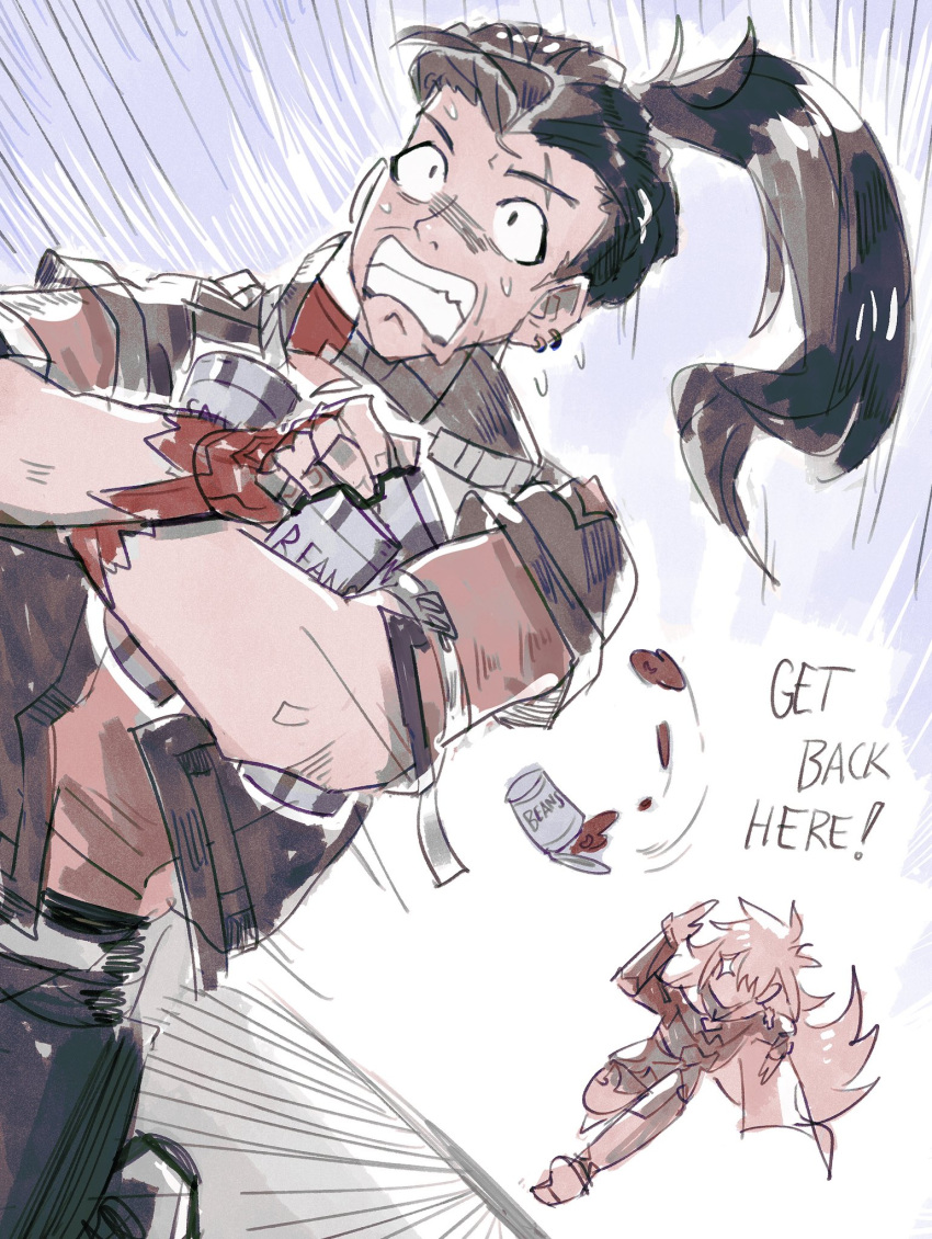 1boy, 1other, a_(xenoblade), artist_request, beans, brown_hair, can, canned_food