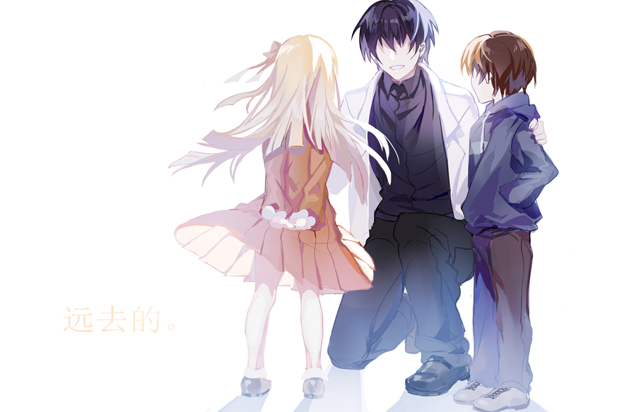 1girl, 2boys, arms_behind_back, ayin_(project_moon), black_footwear, black_hair, black_pants, black_shirt