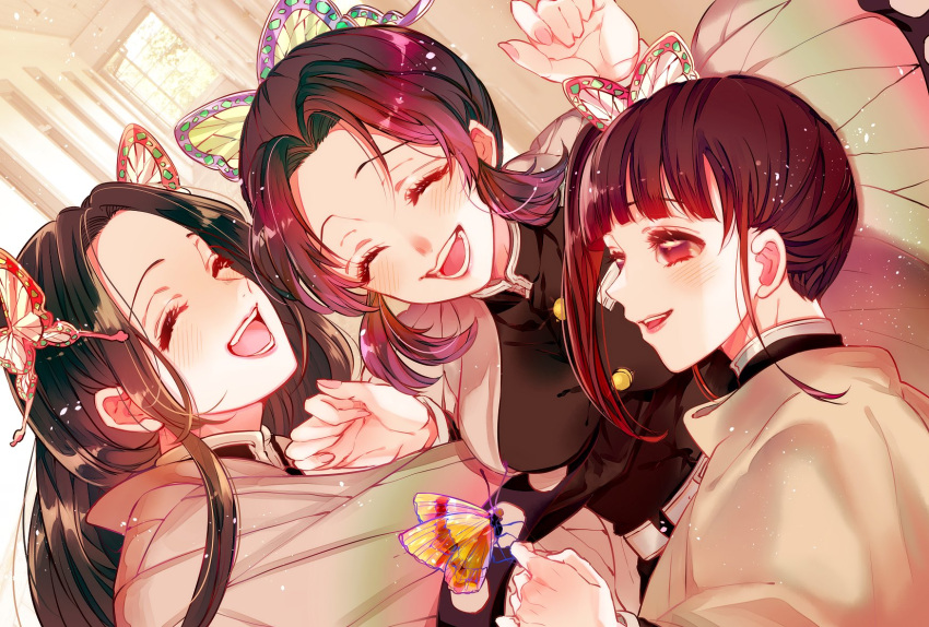 3girls, :d, ^_^, animal_print, black_hair, blush, bug, butterfly, butterfly_hair_ornament, butterfly_print, closed_eyes, demon_slayer_uniform, eyelashes, from_side, hair_ornament, haori, highres, japanese_clothes, kimetsu_no_yaiba, kochou_kanae, kochou_shinobu, long_hair, long_sleeves, multiple_girls, open_mouth, siblings, side_ponytail, sidelocks, sisters, smile, tongue, tsuyuri_kanao, upper_body, yamada_73