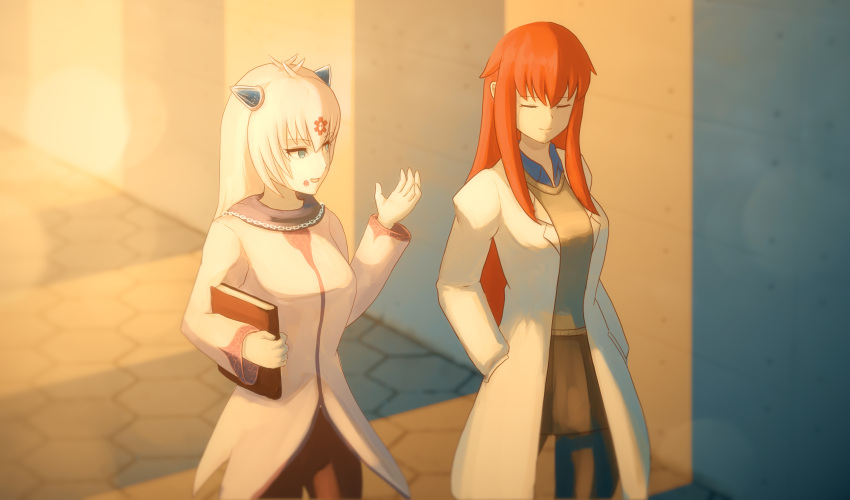 2girls, absurdres, alternate_universe, black_skirt, blue_eyes, blue_horns, blue_shirt, book
