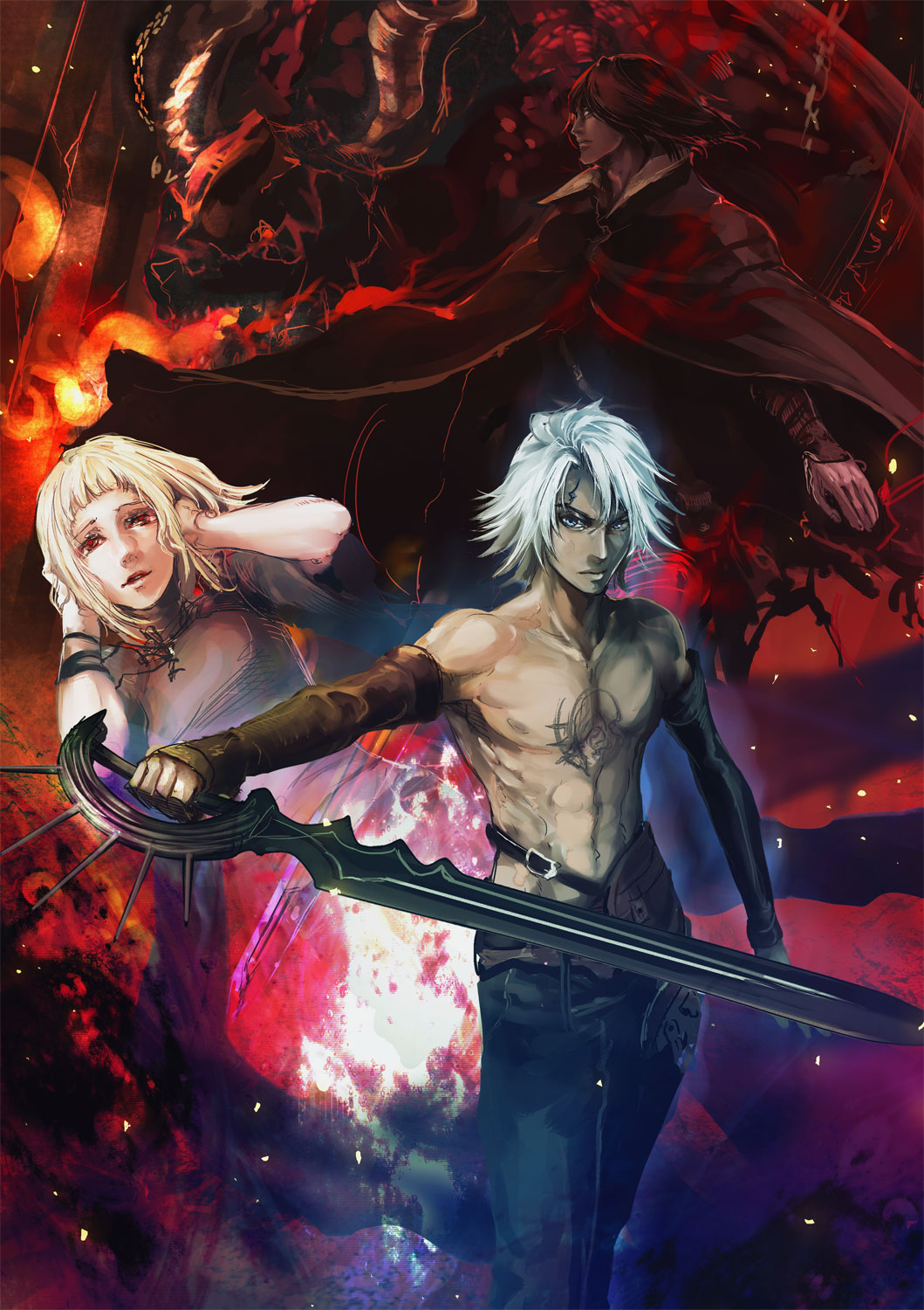 1girl, 2boys, black_hair, blonde_hair, blue_eyes, brown_sleeves, caim_(drag-on_dragoon), chest_tattoo