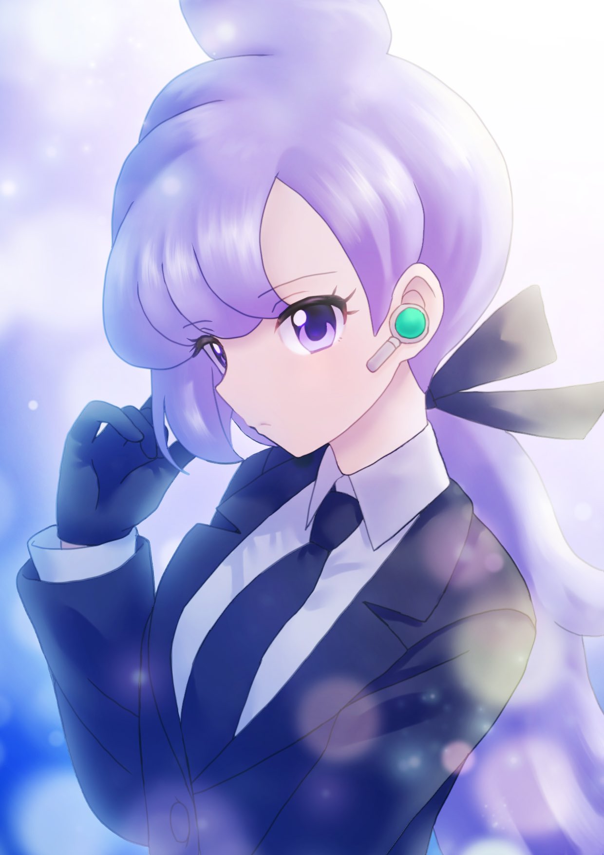 1girl, anabel_(pokemon), black_gloves, collared_shirt, earpiece, gloves, hair_ribbon, highres, katsuonoeboebo, light_particles, long_hair, looking_at_viewer, necktie, pokemon, pokemon_(game), pokemon_sm, purple_hair, ribbon, shirt, solo, upper_body, violet_eyes