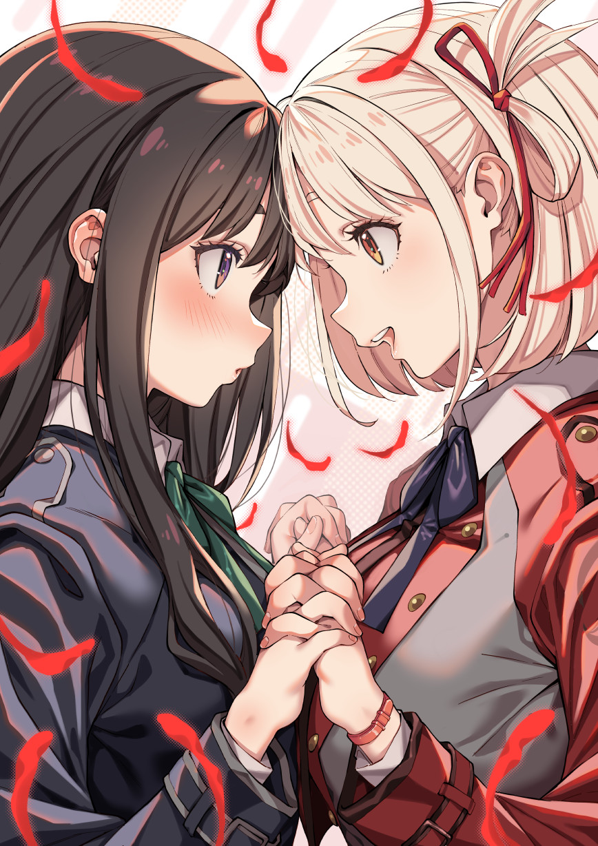 2girls, black_hair, blonde_hair, blush, eye_contact, forehead-to-forehead, hair_ribbon, heads_together