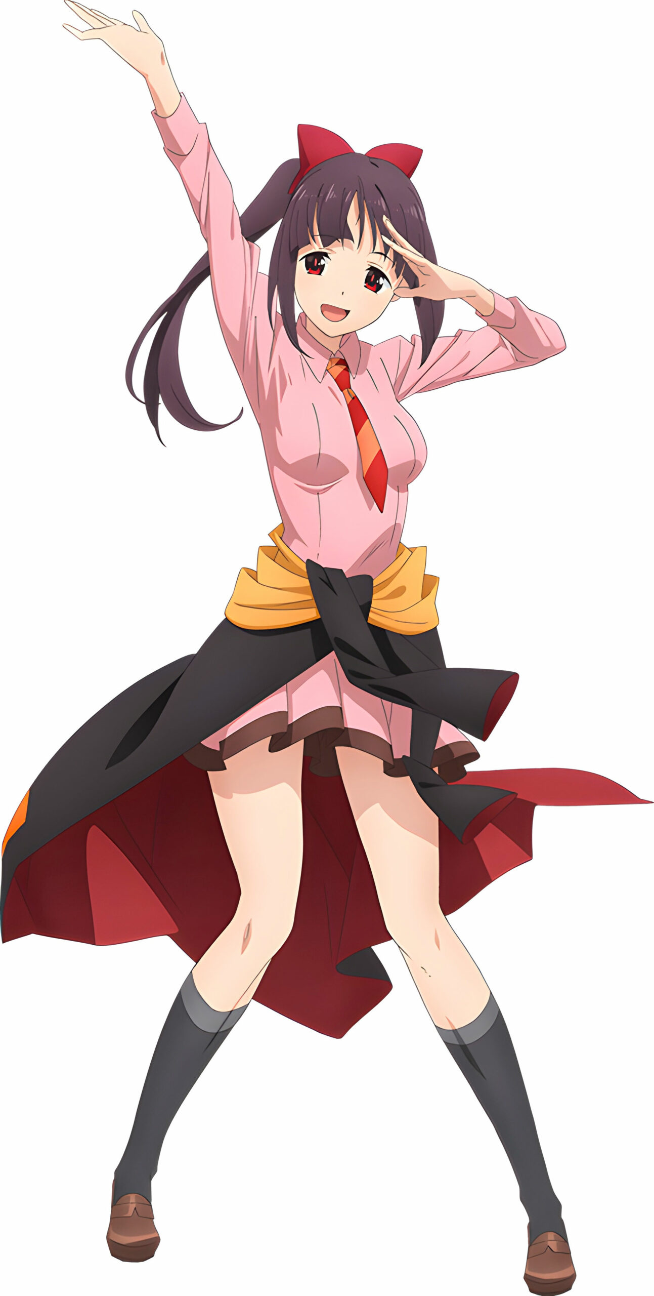 1girl, :d, absurdres, arm_up, artist_request, black_cloak, black_hair, bow
